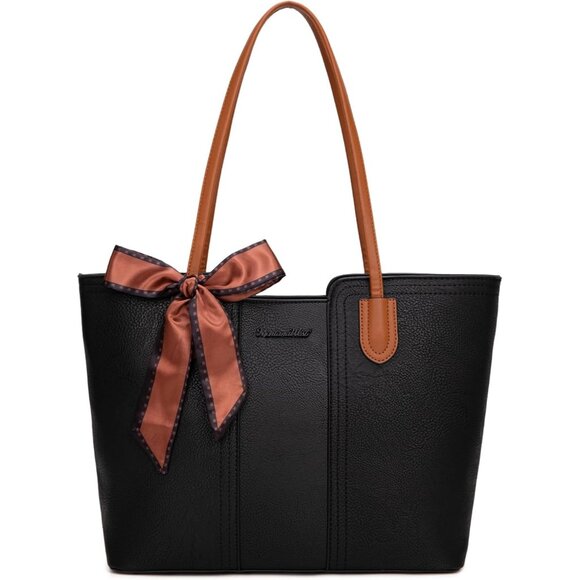 Women Jet Black Imported Vegan Leather Medium Top Handle Satchel Tote Bags - Picture 1 of 6